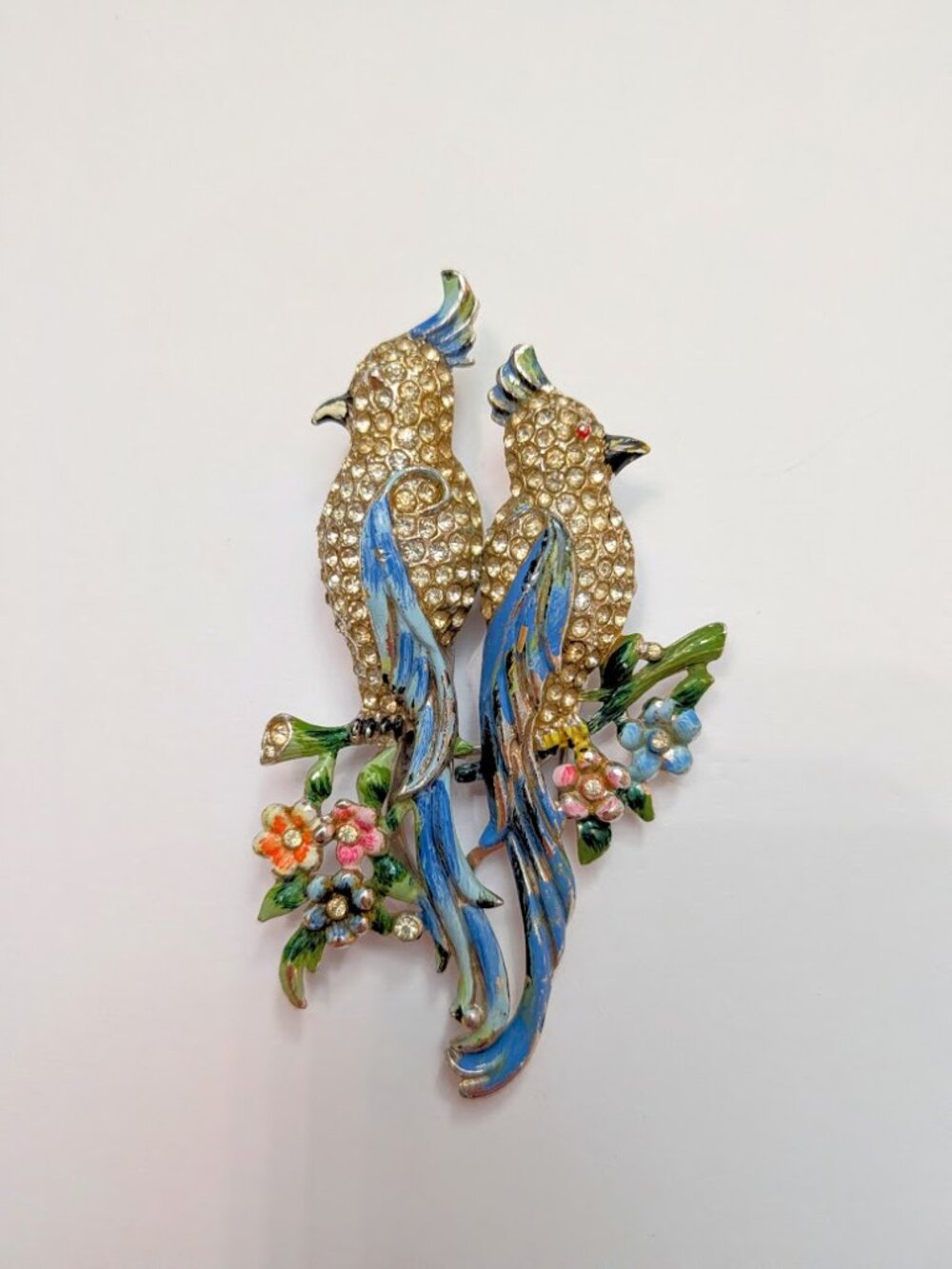 Vintage Coro Duette Bird Brooch Rhinestone Enamel Double Dress Clips - Picture 5 of 11